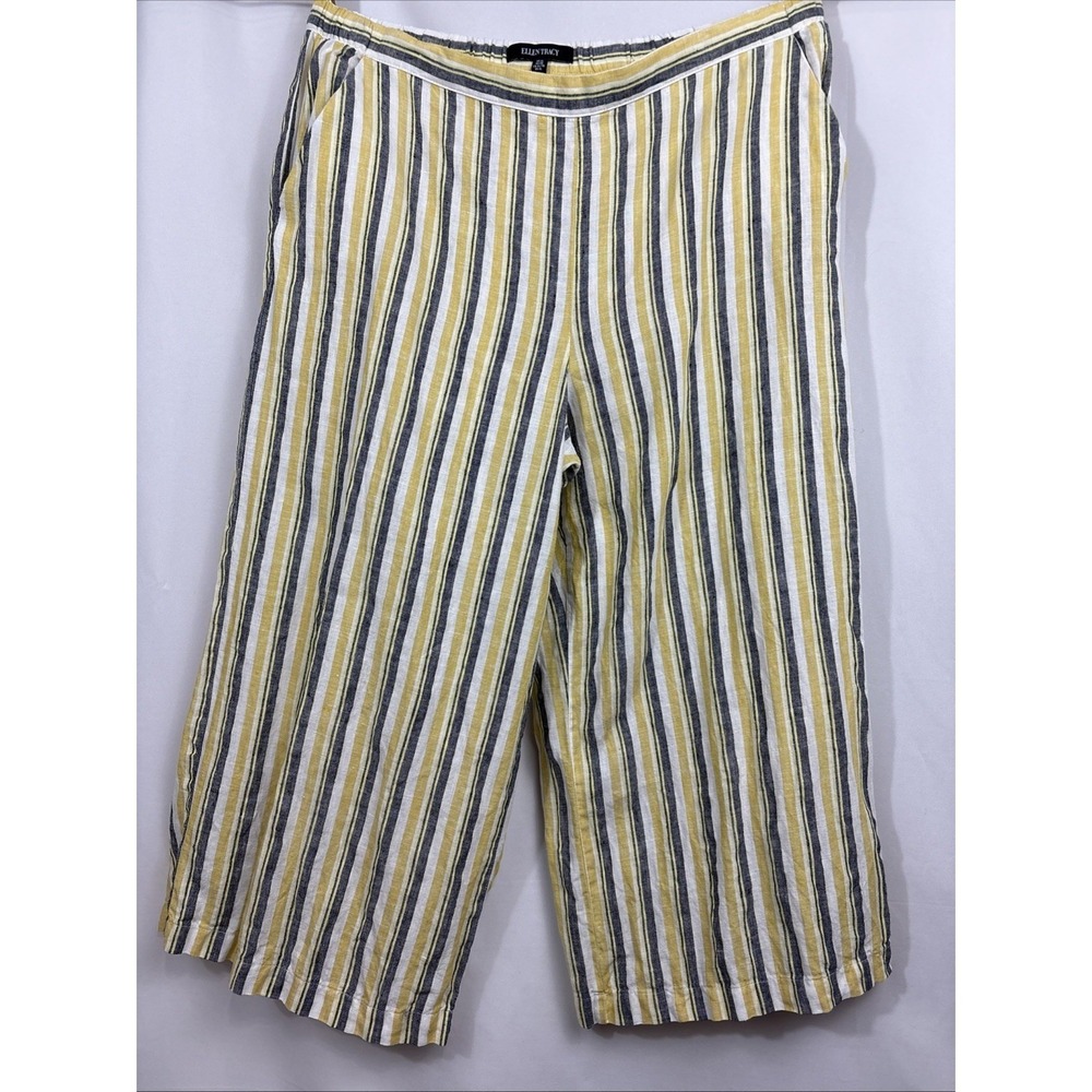 Wide Leg Linen Striped Crop Pants Ellen Tracy XL Yellow Gray White Relaxed